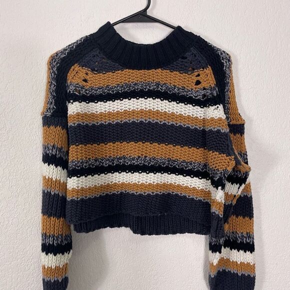 Free People Black, White, Grey & Tan Striped Knit Semi-Cropped Sweater - Picture 3 of 6